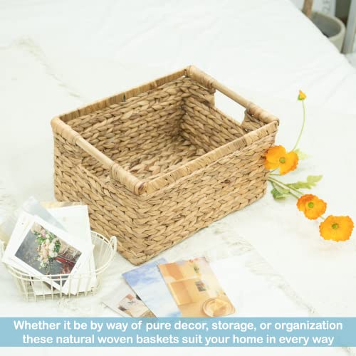 VATIMA Large Wicker Basket Rectangular with Wooden Handles for Shelves, Water Hyacinth Basket Storage, Natural Baskets for Organizing, Wicker Baskets for Storage 14.5 x 10.3 x 7.5 inches