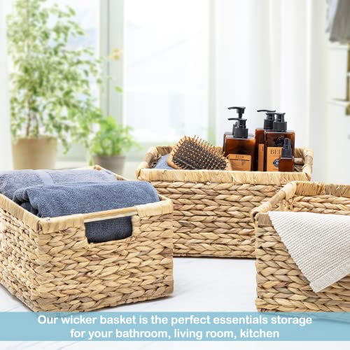 VATIMA Large Wicker Basket Rectangular with Wooden Handles for Shelves, Water Hyacinth Basket Storage, Natural Baskets for Organizing, Wicker Baskets for Storage 14.5 x 10.3 x 7.5 inches