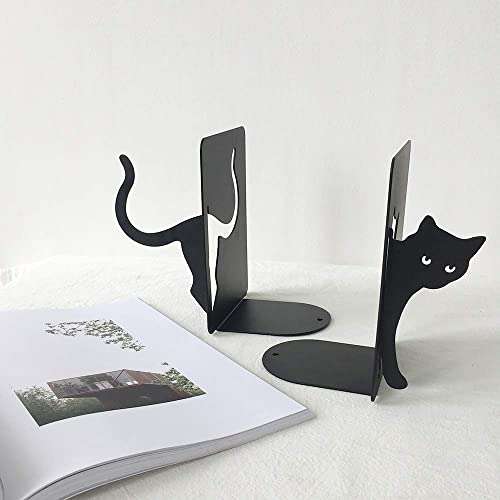 Metal Cat Bookends Cute Decorative,Book Ends for Shelves,Desktop Organize Heavy Books,Cat Lover Gifts for Women (Black)