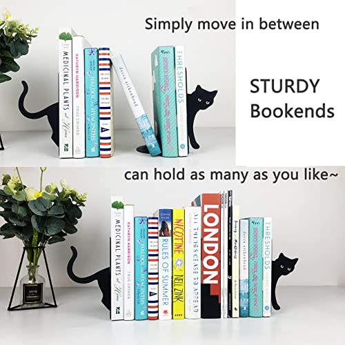 Metal Cat Bookends Cute Decorative,Book Ends for Shelves,Desktop Organize Heavy Books,Cat Lover Gifts for Women (Black)