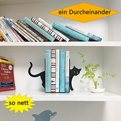 Metal Cat Bookends Cute Decorative,Book Ends for Shelves,Desktop Organize Heavy Books,Cat Lover Gifts for Women (Black)