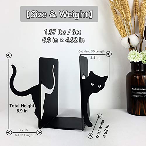 Metal Cat Bookends Cute Decorative,Book Ends for Shelves,Desktop Organize Heavy Books,Cat Lover Gifts for Women (Black)