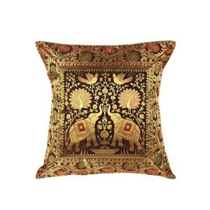 decorhack by arusaya elephant design solid silk brocade 17 x 17 inch sofa décor throw pillowcase (brown)