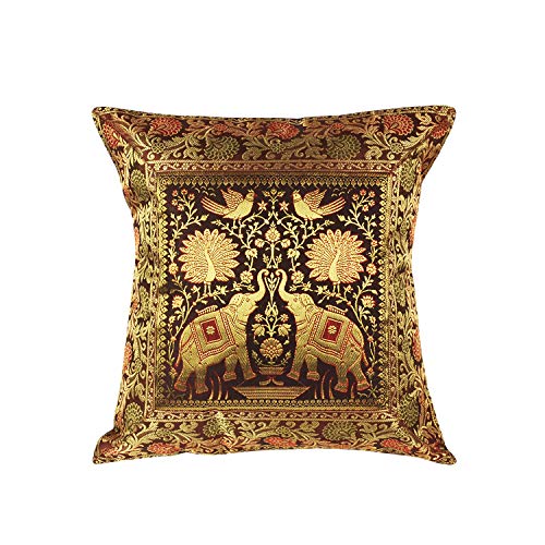 DecorHack by Arusaya Elephant Design Solid Silk Brocade 17 X 17 Inch Sofa Décor Throw Pillowcase (Brown)