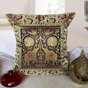 DecorHack by Arusaya Elephant Design Solid Silk Brocade 17 X 17 Inch Sofa Décor Throw Pillowcase (Brown)