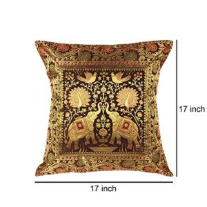 DecorHack by Arusaya Elephant Design Solid Silk Brocade 17 X 17 Inch Sofa Décor Throw Pillowcase (Brown)