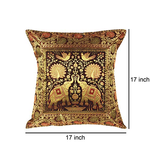 DecorHack by Arusaya Elephant Design Solid Silk Brocade 17 X 17 Inch Sofa Décor Throw Pillowcase (Brown)