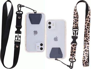 [2 pack] cellphone lanyard tether, universal detachable neck strap with patch for most cell phone case & iphone case (black+leopard)