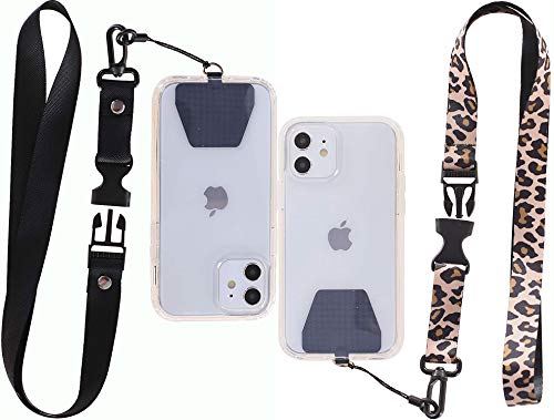 [2 Pack] Cellphone Lanyard Tether, Universal Detachable Neck Strap with Patch for Most Cell Phone Case & iPhone Case (Black+Leopard)