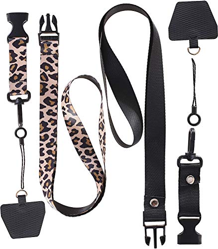 [2 Pack] Cellphone Lanyard Tether, Universal Detachable Neck Strap with Patch for Most Cell Phone Case & iPhone Case (Black+Leopard)