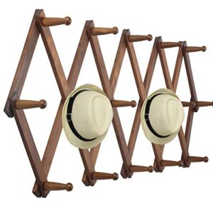 webi accordian wall hanger,expandable wooden coat rack wall mounted,hat rack for wall,accordion wall rack for hats,caps,16 peg hooks,rustic brown