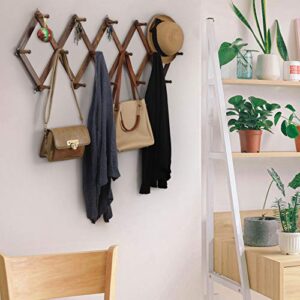 WEBI Accordian Wall Hanger,Expandable Wooden Coat Rack Wall Mounted,Hat Rack for Wall,Accordion Wall Rack for Hats,Caps,16 Peg Hooks,Rustic Brown