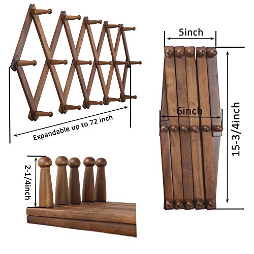 WEBI Accordian Wall Hanger,Expandable Wooden Coat Rack Wall Mounted,Hat Rack for Wall,Accordion Wall Rack for Hats,Caps,16 Peg Hooks,Rustic Brown