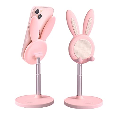 NocksyDecal Cute Bunny Phone Stand, Kawaii Cell Phone Holder for Desk Compatible with All Mobile Phone, Tablet, Switch, Height Angle Adjustable, Pink Office Decor Gift for Girl Women