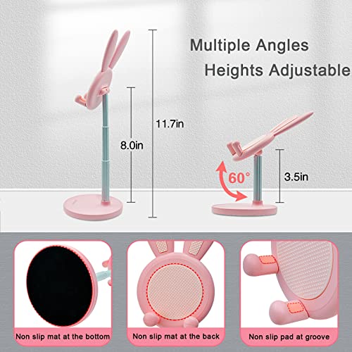 NocksyDecal Cute Bunny Phone Stand, Kawaii Cell Phone Holder for Desk Compatible with All Mobile Phone, Tablet, Switch, Height Angle Adjustable, Pink Office Decor Gift for Girl Women