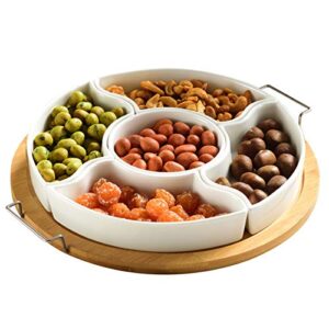 yarlung 10 inch ceramic divided serving dishes with bamboo platter, appetizer tray 5 removable snacks bowls for candy and nut, chips and dips, no lid included