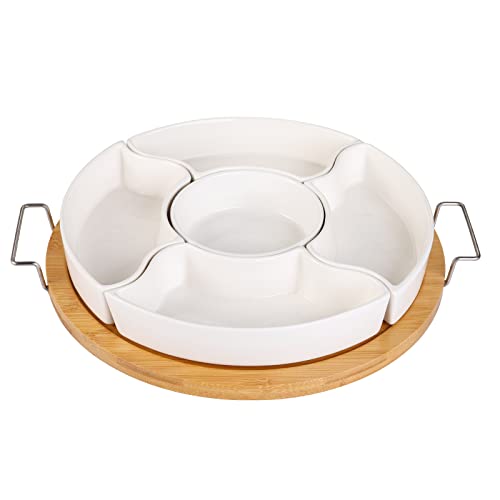 yarlung 10 Inch Ceramic Divided Serving Dishes with Bamboo Platter, Appetizer Tray 5 Removable Snacks Bowls for Candy and Nut, Chips and Dips, No Lid Included