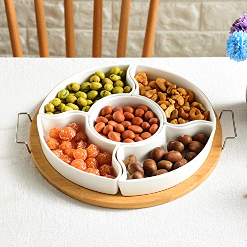 yarlung 10 Inch Ceramic Divided Serving Dishes with Bamboo Platter, Appetizer Tray 5 Removable Snacks Bowls for Candy and Nut, Chips and Dips, No Lid Included