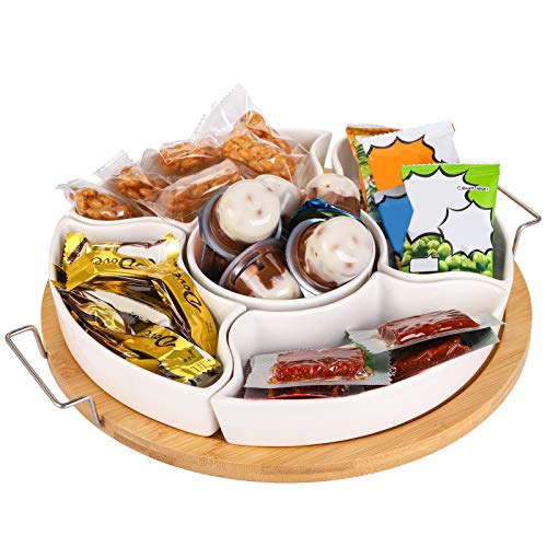 yarlung 10 Inch Ceramic Divided Serving Dishes with Bamboo Platter, Appetizer Tray 5 Removable Snacks Bowls for Candy and Nut, Chips and Dips, No Lid Included