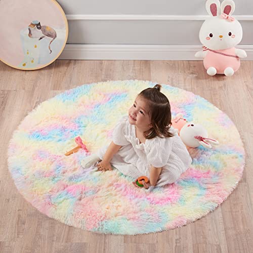 GKLUCKIN Soft Round Rugs, Fluffy 4ft Circle Rugs Cute Shaggy Rainbow Circular Rugs for Kids Room Decor Comfy Furry Area Rugs Plush Fuzzy Nursery Rugs