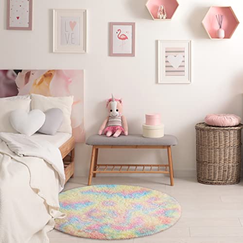 GKLUCKIN Soft Round Rugs, Fluffy 4ft Circle Rugs Cute Shaggy Rainbow Circular Rugs for Kids Room Decor Comfy Furry Area Rugs Plush Fuzzy Nursery Rugs