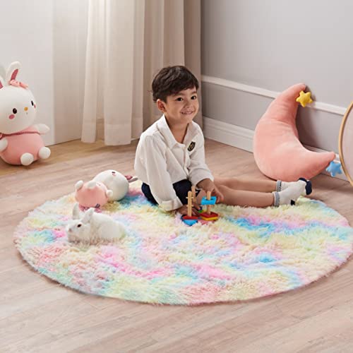 GKLUCKIN Soft Round Rugs, Fluffy 4ft Circle Rugs Cute Shaggy Rainbow Circular Rugs for Kids Room Decor Comfy Furry Area Rugs Plush Fuzzy Nursery Rugs