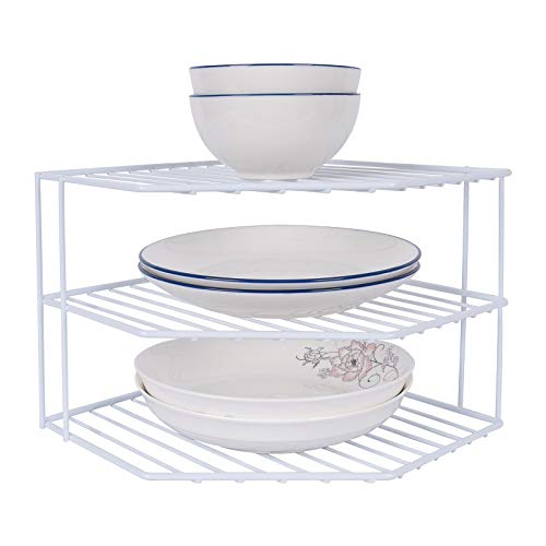 3-Tier Corner Shelf Counter and Cabinet Organizer - Steel Metal Wire - Rust Resistant - Plates, Dishes, Cabinet & Pantry Organizer - Kitchen Organization (10 x 7.5 Inch) (White)