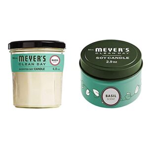 mrs. meyer's clean day's soy tin and glass candle bundle - made with essential oils, 25 hour burn time, basil scent, 2 count