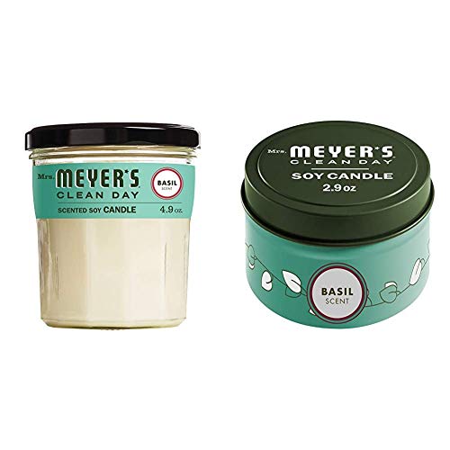 Mrs. Meyer's Clean Day's Soy Tin and Glass Candle Bundle - Made with Essential Oils, 25 Hour Burn Time, Basil Scent, 2 Count