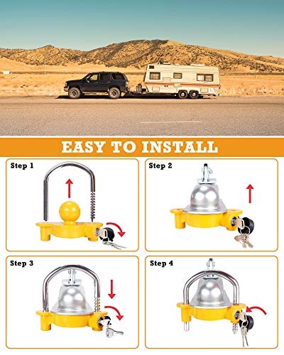 Turnart Trailer Lock, Hitch Lock, Trailer Hitch Lock, Trailer Coupler Lock, Trailer Tongue Lock, Adjustable, Heavy-Duty Steel, Universal Size Fits 1-7/8", 2", and 2-5/16" Couplers (Yellow-A)