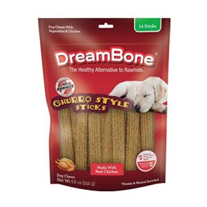 dreambone churro-style sticks 14 count, made with real chicken, rawhide-free chews for dogs