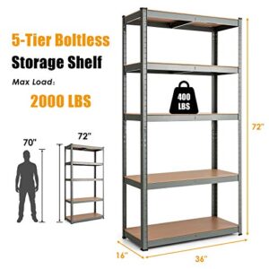 Tangkula Metal Storage Shelves, Heavy Duty Steel 5 Tier Utility Shelves with Adjustable Shelves, Bolt-Free Assembly, High Weight Capacity, Garage Organization Storage Rack, 36" Lx16''Wx72 H (1, Grey)