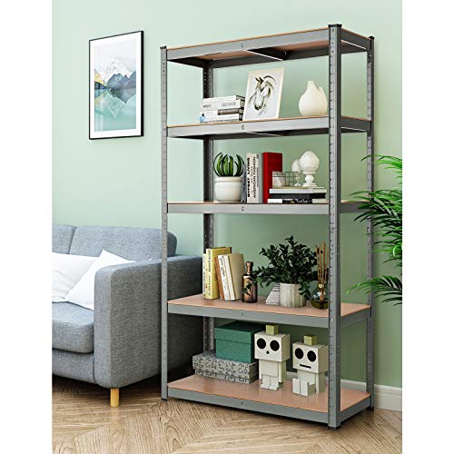 Tangkula Metal Storage Shelves, Heavy Duty Steel 5 Tier Utility Shelves with Adjustable Shelves, Bolt-Free Assembly, High Weight Capacity, Garage Organization Storage Rack, 36" Lx16''Wx72 H (1, Grey)