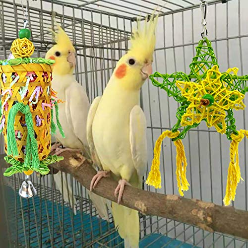 CooShou 3Pcs Bird Parrot Shredder Toys Handmade Bamboo Parrot Conures Chewing Toy with Rattan Five-Pointed Stars Small Bird Hanging Swing Foraging Toy for Cockatiels Budgie Parroket