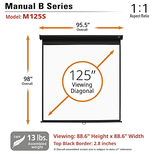 Elite Screens Manual B 125-INCH Manual Pull Down Projector Screen 1:1 Diag 4K 8K 3D HD Home Movie Theater Slow Retract Mechanism, M125S