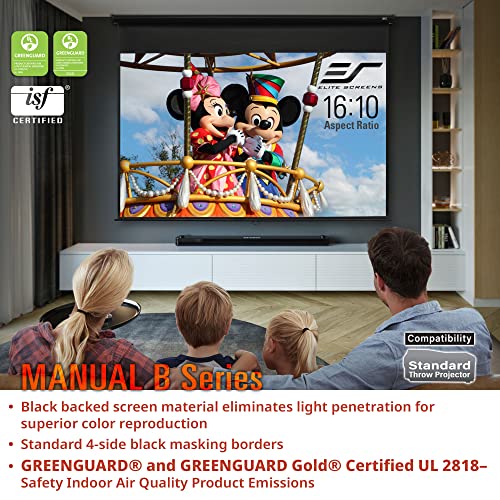 Elite Screens Manual B 125-INCH Manual Pull Down Projector Screen 1:1 Diag 4K 8K 3D HD Home Movie Theater Slow Retract Mechanism, M125S