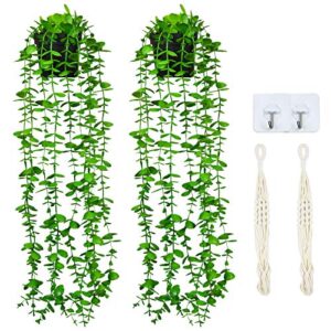 artflower artificial hanging eucalyptus plants in pots 2 pack fake plastic greenery vines with hanging baskets for home shelve indoor outdoor wall wedding garden home office garland decor