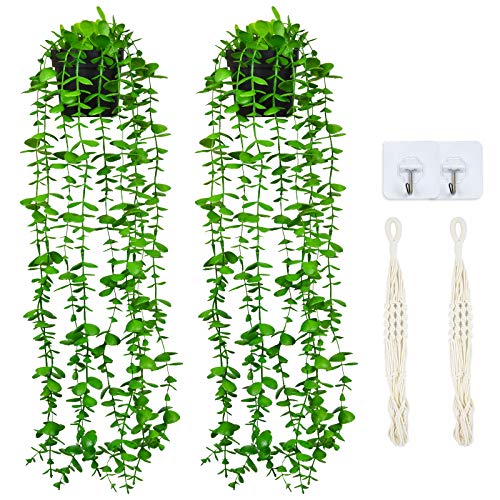 Artflower Artificial Hanging Eucalyptus Plants in Pots 2 Pack Fake Plastic Greenery Vines with Hanging Baskets for Home Shelve Indoor Outdoor Wall Wedding Garden Home Office Garland Decor