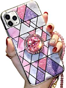 aulzaju for iphone 12 pro max girly case with ring stand luxury bling diamond hard pc back rugged marble design cute glitter rhinestone geometric bumper cover with bead lanyard for women 6.7'' pink