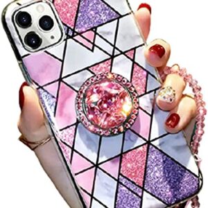 Aulzaju for iPhone 12 Pro Max Girly Case with Ring Stand Luxury Bling Diamond Hard PC Back Rugged Marble Design Cute Glitter Rhinestone Geometric Bumper Cover with Bead Lanyard for Women 6.7'' Pink