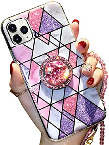 Aulzaju for iPhone 12 Pro Max Girly Case with Ring Stand Luxury Bling Diamond Hard PC Back Rugged Marble Design Cute Glitter Rhinestone Geometric Bumper Cover with Bead Lanyard for Women 6.7'' Pink