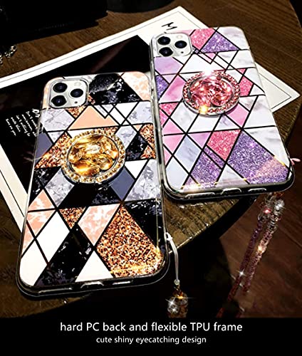 Aulzaju for iPhone 12 Pro Max Girly Case with Ring Stand Luxury Bling Diamond Hard PC Back Rugged Marble Design Cute Glitter Rhinestone Geometric Bumper Cover with Bead Lanyard for Women 6.7'' Pink
