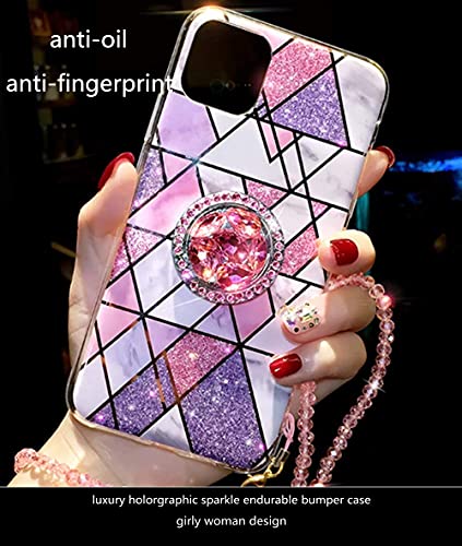 Aulzaju for iPhone 12 Pro Max Girly Case with Ring Stand Luxury Bling Diamond Hard PC Back Rugged Marble Design Cute Glitter Rhinestone Geometric Bumper Cover with Bead Lanyard for Women 6.7'' Pink