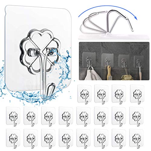 CTCK WINNING Adhesive Hooks Kitchen Wall Hooks- 20 Packs Heavy Duty 21lb(Max) Nail Free Sticky Hangers with Stainless Hooks Reusable Utility Towel Bath Ceiling Hooks Christmas Tree Hook