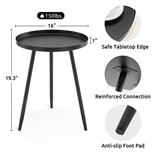 Apicizon 16" Round Side Table, Black End Table for Living Room, Bedside, Mid Century Modern Coffee Table or Circle Accent Table for Small Spaces, Metal Nightstand (Black)