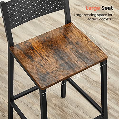 VASAGLE Bar Stools, Set of 2 Bar Chairs, Tall Bar Stools with Backrest, Industrial in Party Room, Rustic Brown and Black ULBC070B01