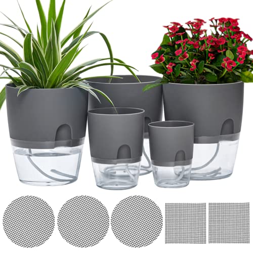 ETGLCOZY 6/4.1/3.2 Inch Self Watering Planter Pots, 5 Pack African Violet Pots for Indoor Outdoor Windowsill Gardens, Self Aerating, High Drainage, Deep Reservoir(Gray)