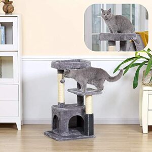 GIOPACO Cat Tree Small Cat Tower, Kitten Activity Centre with 2 Sisal Cat Scratching Posts/Condo/Padded Plush Perches/2 Platforms/Self Groomer Brush Post/Swinging Ball, for Kittens Cats (Dark Grey)