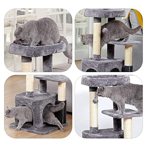 GIOPACO Cat Tree Small Cat Tower, Kitten Activity Centre with 2 Sisal Cat Scratching Posts/Condo/Padded Plush Perches/2 Platforms/Self Groomer Brush Post/Swinging Ball, for Kittens Cats (Dark Grey)