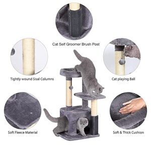 GIOPACO Cat Tree Small Cat Tower, Kitten Activity Centre with 2 Sisal Cat Scratching Posts/Condo/Padded Plush Perches/2 Platforms/Self Groomer Brush Post/Swinging Ball, for Kittens Cats (Dark Grey)